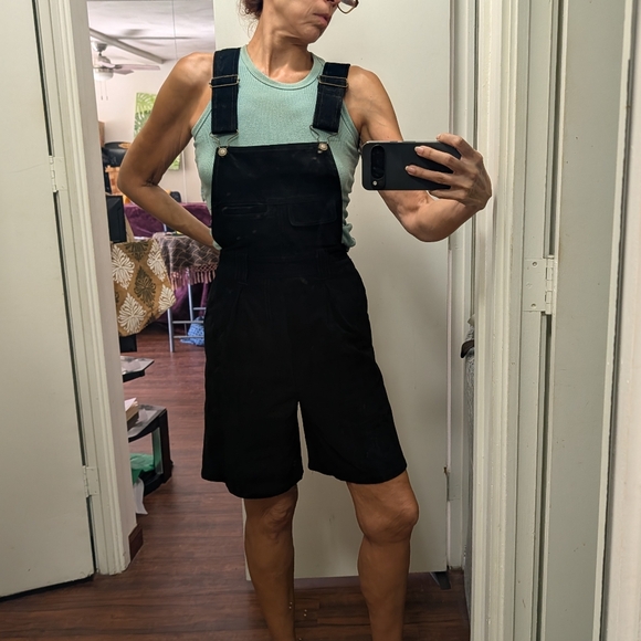 Express Pants - Express Compagnie Internationale Vtg 90s Black Suede Overall Shorts size L
